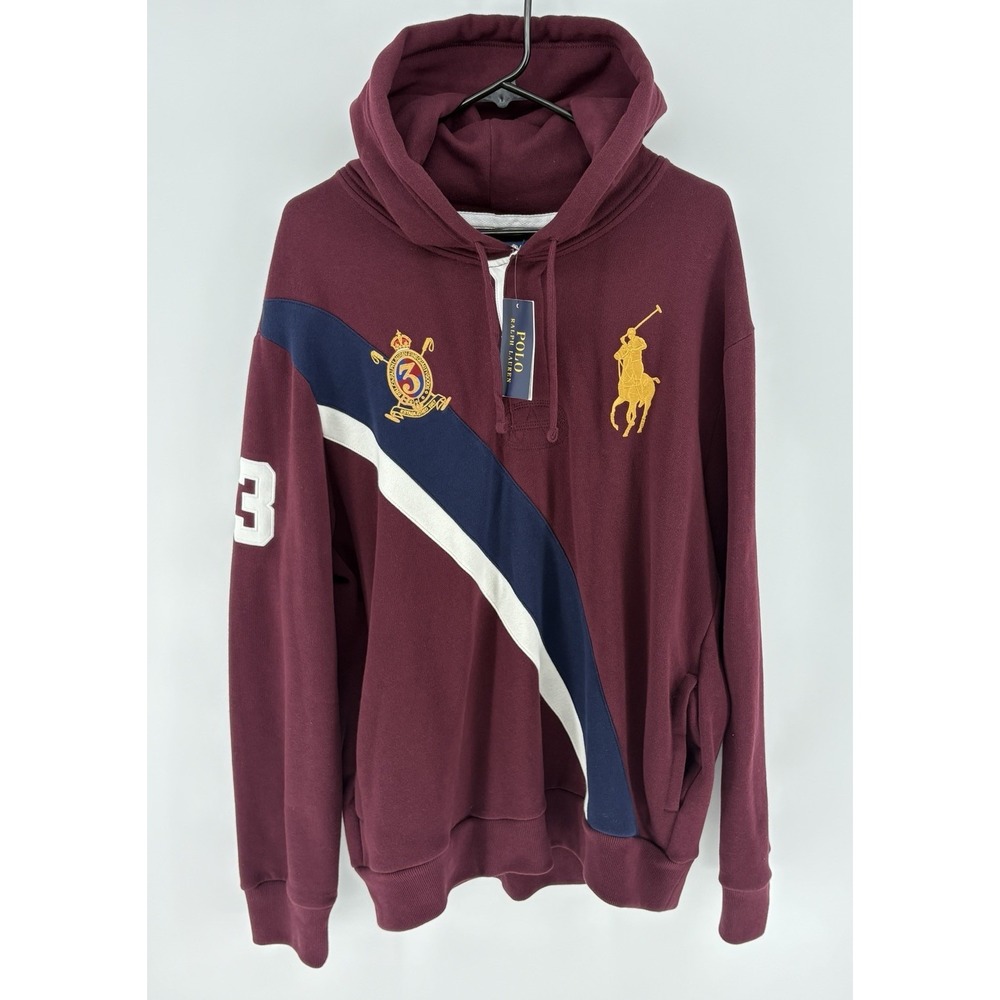 Polo Ralph Lauren Rugby Hoodie Mens Large Maroon Gold Big Pony Crest NWT